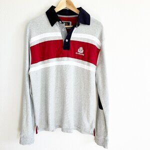 NWOT Cunard Rugby Polo M Gray Red Stripe Elbow Patch Long Sleeve Preppy